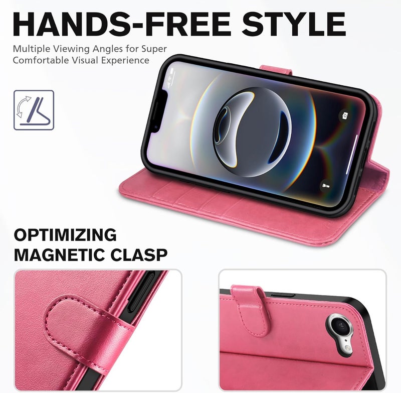TUCCH Wallet Case for iPhone 16e, Kickstand PU Leather Magnetic Protective Flip Cover with [RFID Blocking] [4 Card Slots] [TPU Interior Case] Compatible with iPhone 16e 6.1" 5G, Hot Pink - Image 4